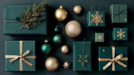 Christmas or New Year background. Gifts and decorations on black background. Flat lay, top view.の写真素材
