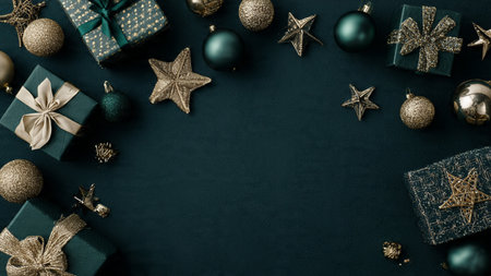 Christmas or New Year composition. Gifts, Christmas tree toys on black background. Flat lay, top...