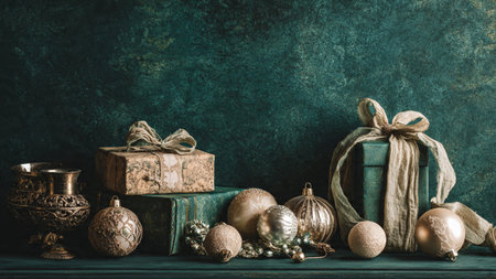 Vintage christmas gifts and ornaments on rustic wooden background