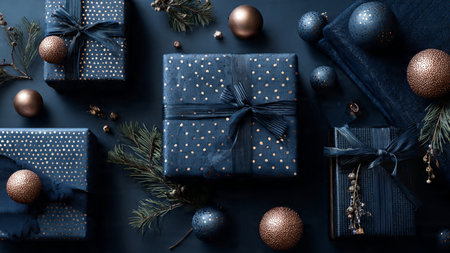Christmas composition. Gifts, christmas decorations on dark blue background. Flat lay, top view, copy spaceの写真素材