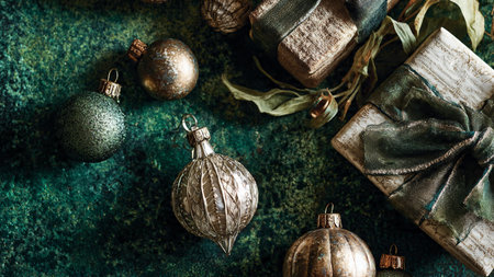 Vintage Christmas ornaments and gifts on rustic background.