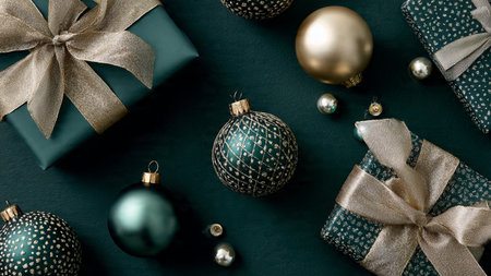 Christmas and New Year composition. Gifts, Christmas balls, ribbons on black background. Flat lay,...