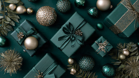 Christmas or New Year flat lay composition with green gift boxes, baubles and fir branches on dark...