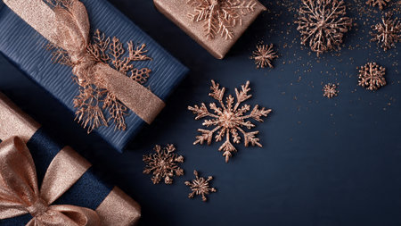 Christmas background with gift boxes and snowflakes on dark blue background
