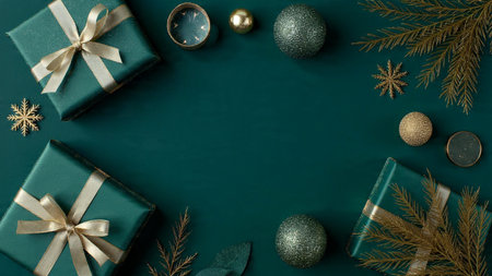 Christmas composition. Gifts, fir branches on green background. Flat lay, top view, copy space