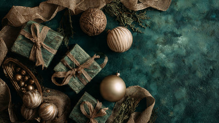 Vintage Christmas or New Year background with christmas decorations and gifts.
