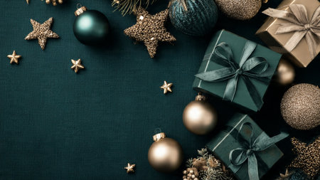 Christmas background with decorations and gift boxes on a dark green background.