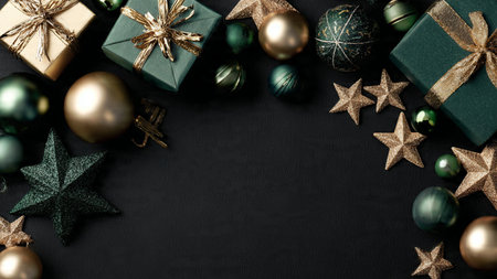 Christmas and New Year background with green and golden decorations on black background. Top view...