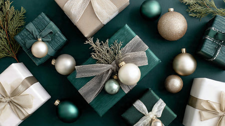 Christmas or New Year composition. Gifts, balls, pine branches on a green background. Flat lay, top...