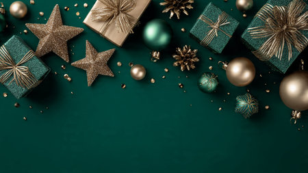 Christmas composition. Gifts, stars, balls on green background. Christmas, winter, new year concept....