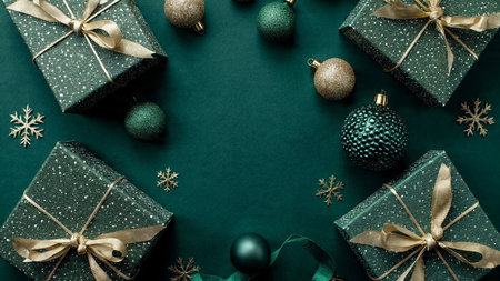 Christmas background with gift boxes and ornaments on green background.
