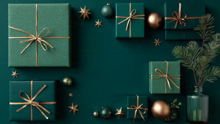 Christmas gift boxes on green background. Flat lay, top view.