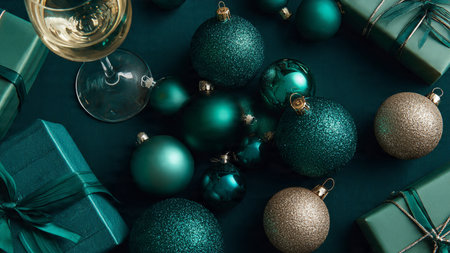 Christmas and New Year background. Green and silver decorations on a dark blue background.