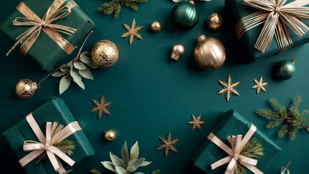 Christmas and New Year background with green gift boxes, golden christmas balls, fir branches and...