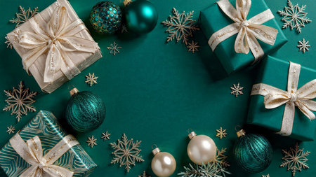 Christmas and New Year holiday background with green gift boxes, blue and white balls and...