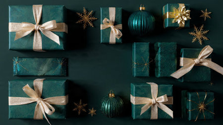 Christmas or New Year background with green and blue gift boxes and Christmas decorations. Top view.