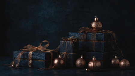 Gift boxes and Christmas ornaments on dark blue background.