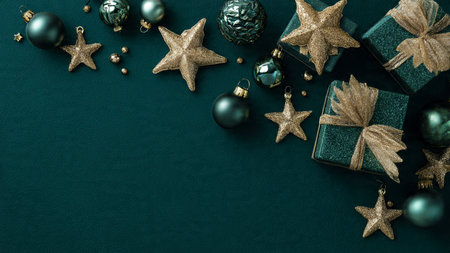Christmas or New Year background with decorations and gift boxes. Top view with copy space.