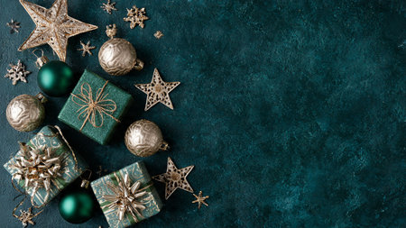 Christmas background with gift boxes and decorations. Top view with copy space