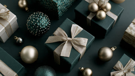 Christmas or New Year composition. Gifts, Christmas balls, ribbons on a black background.