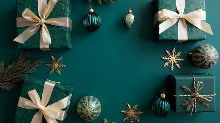 Christmas or New Year background with gifts and decorations. Flat lay, top view.
