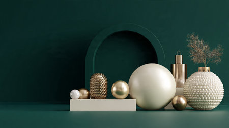 3d render of podium display with golden decoration