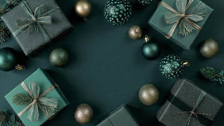 Christmas composition. Gifts, balls and decorations on black background. Christmas, winter, new year...