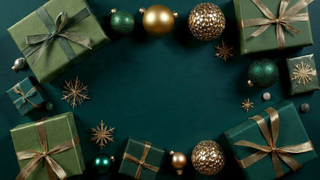 Christmas and New Year background with green gift boxes and decorations. Top view.