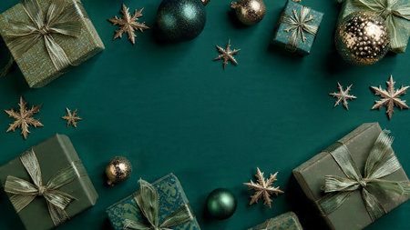 Christmas composition. Giftsrations on green background. Flat lay, top view, copy space