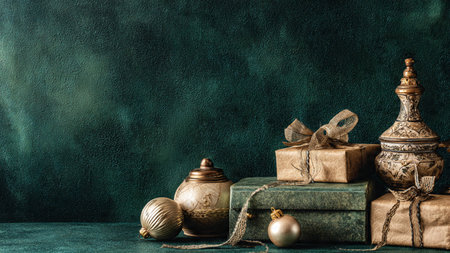 Christmas still life with vintage ornaments and gift boxes on green background