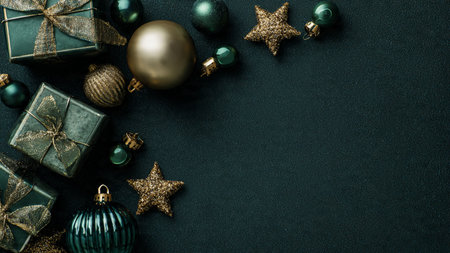Christmas decoration on black background with copy space. Top view, flat lay.