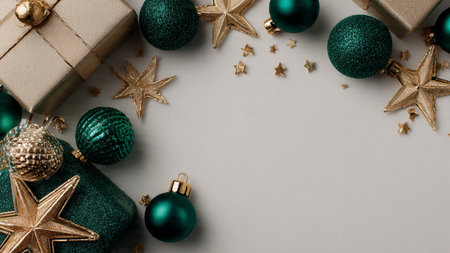 Christmas or New Year composition. Gifts, baubles and stars on white background. Flat lay, top view,...