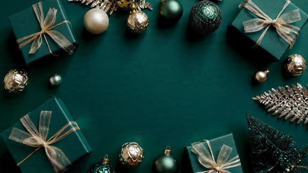 Christmas background with gift boxes and decorations on green background. Flat lay, top view.