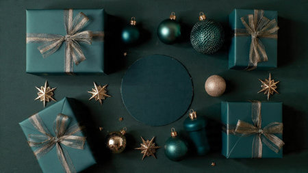 Christmas and New Year flat lay composition with blue gift boxes, Christmas balls, stars, snowflakes...