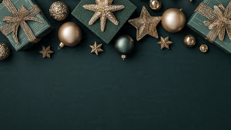 Christmas or New Year decoration on dark green background. Top view with copy space.