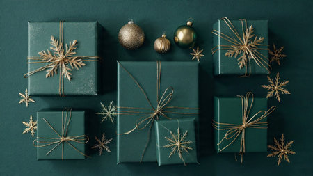 Christmas gift boxes with ornaments on green background, top view