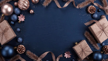 Christmas and New Year background with fir branches, blue balls, gift boxes and decorations. Flat...