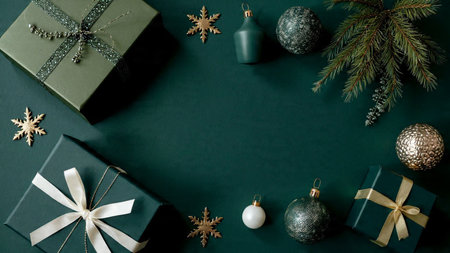 Christmas composition. Gifts, christmas tree branches on black background. Flat lay, top view, copy...