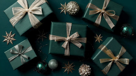 Christmas or New Year background. Christmas gift boxes and decoration on green background