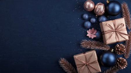 Christmas background with fir branches, pine cones and gift boxes on dark blue background. Top view...