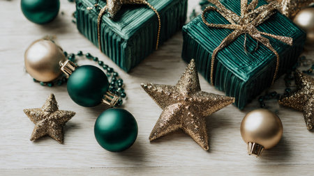 Christmas and New Year background. Festive decorations on a wooden background.