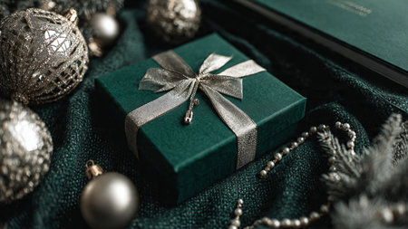Green gift box with silver bow and christmas balls on green backgroundの写真素材