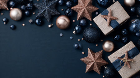 Christmas decoration on black background with copy space. Top view, flat lay