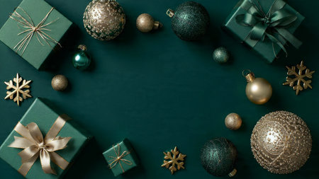Christmas and New Year background with decorations and gift boxes. Flat lay, top view.の写真素材