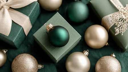 Christmas and New Year background with green and silver balls and gift boxes
