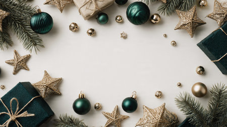 Christmas and New Year composition. Frame made of fir branches, christmas balls, gift boxes on white...