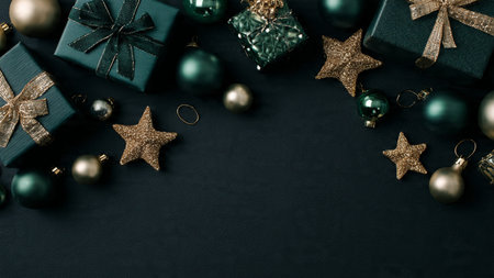 Christmas composition. Giftsrations on black background. Flat lay, top view, copy space
