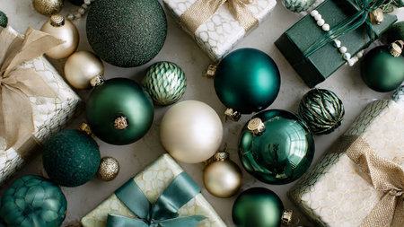 Christmas or New Year background with green and white baubles and gifts. Flat lay, top view.