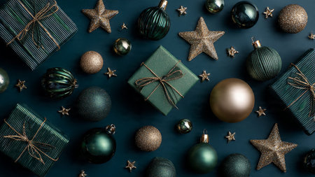 Christmas and New Year flat lay background with green and gold baubles, stars and gift boxes on dark...