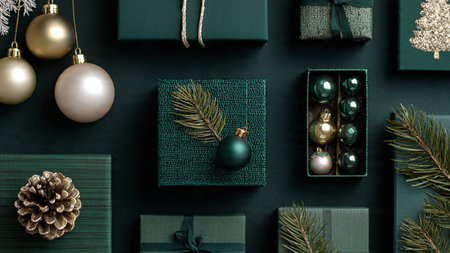 Christmas composition. Gifts, pine cones, baubles on dark green background. Flat lay, top view, copy...